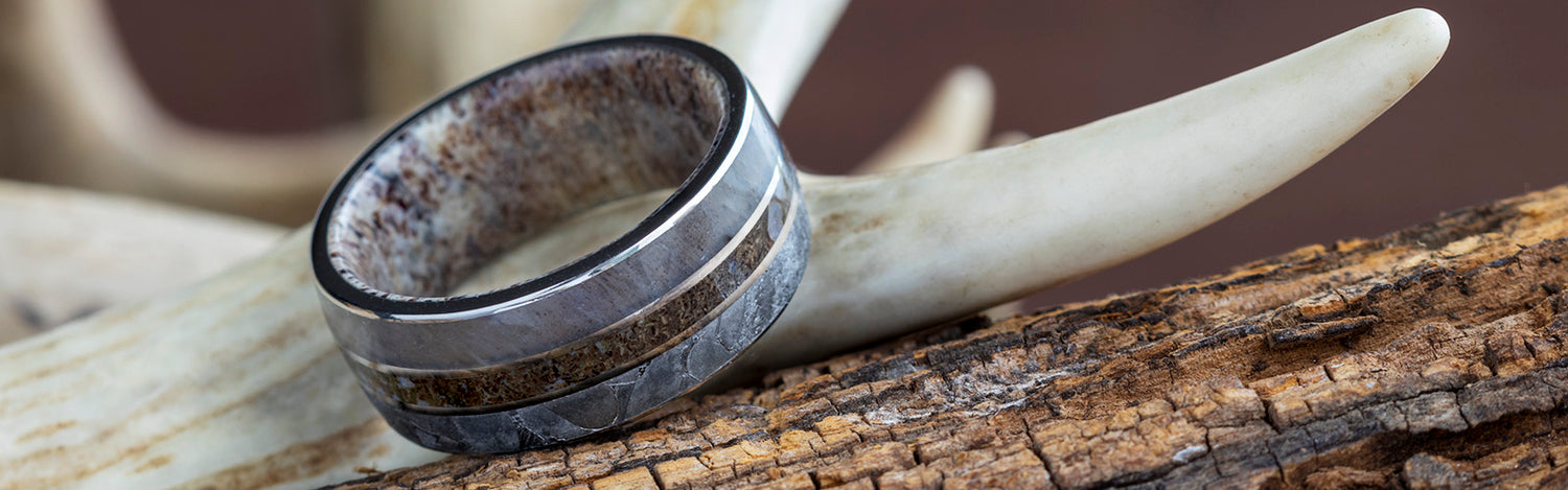 Meteorite and Dinosaur Bone Ring with Antler Sleeve