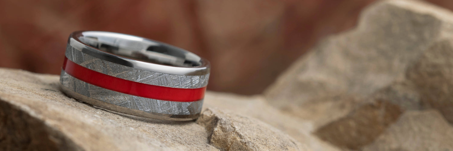 Meteorite Wedding Band with Red Enamel Pinstripe
