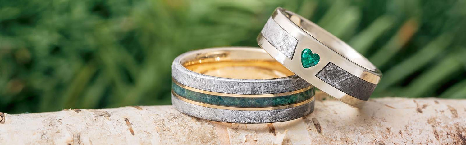 Emerald and Meteorite Rings