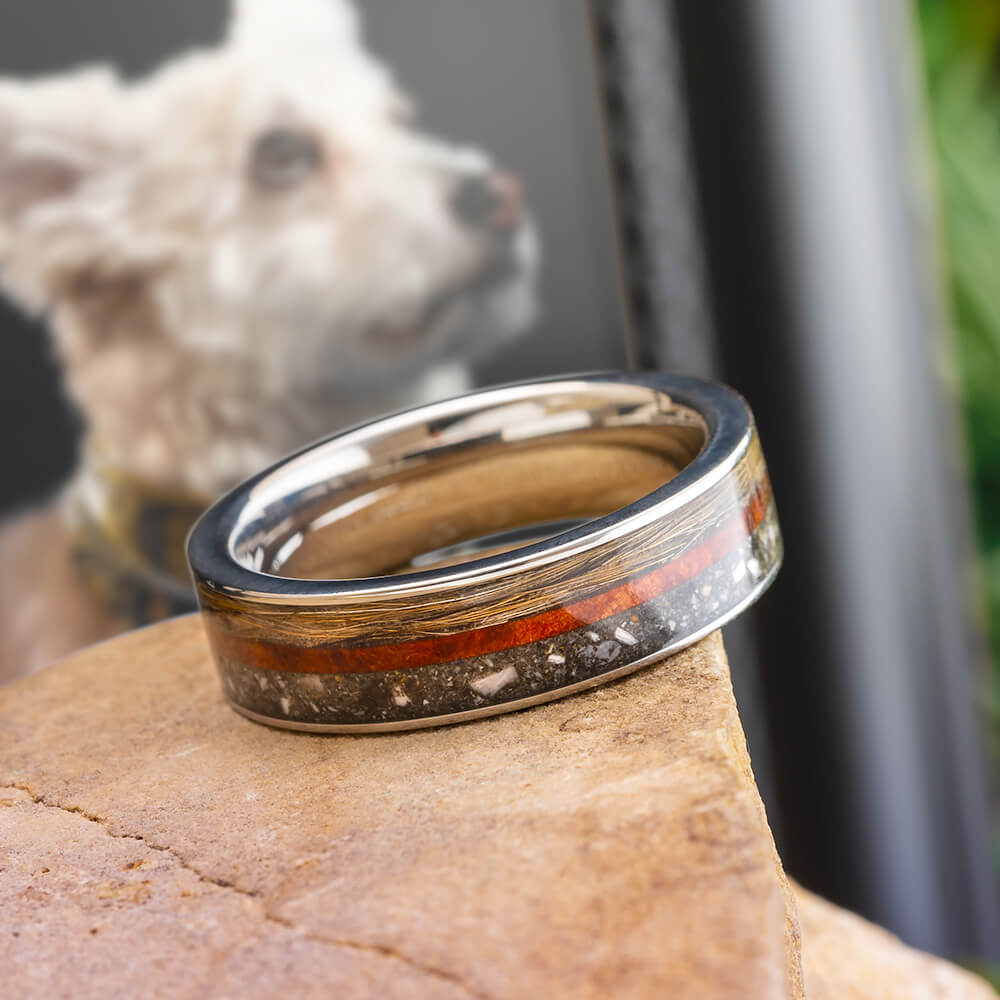 Pet Memorial Ring with Exotic Wood, Fur, and Ashes