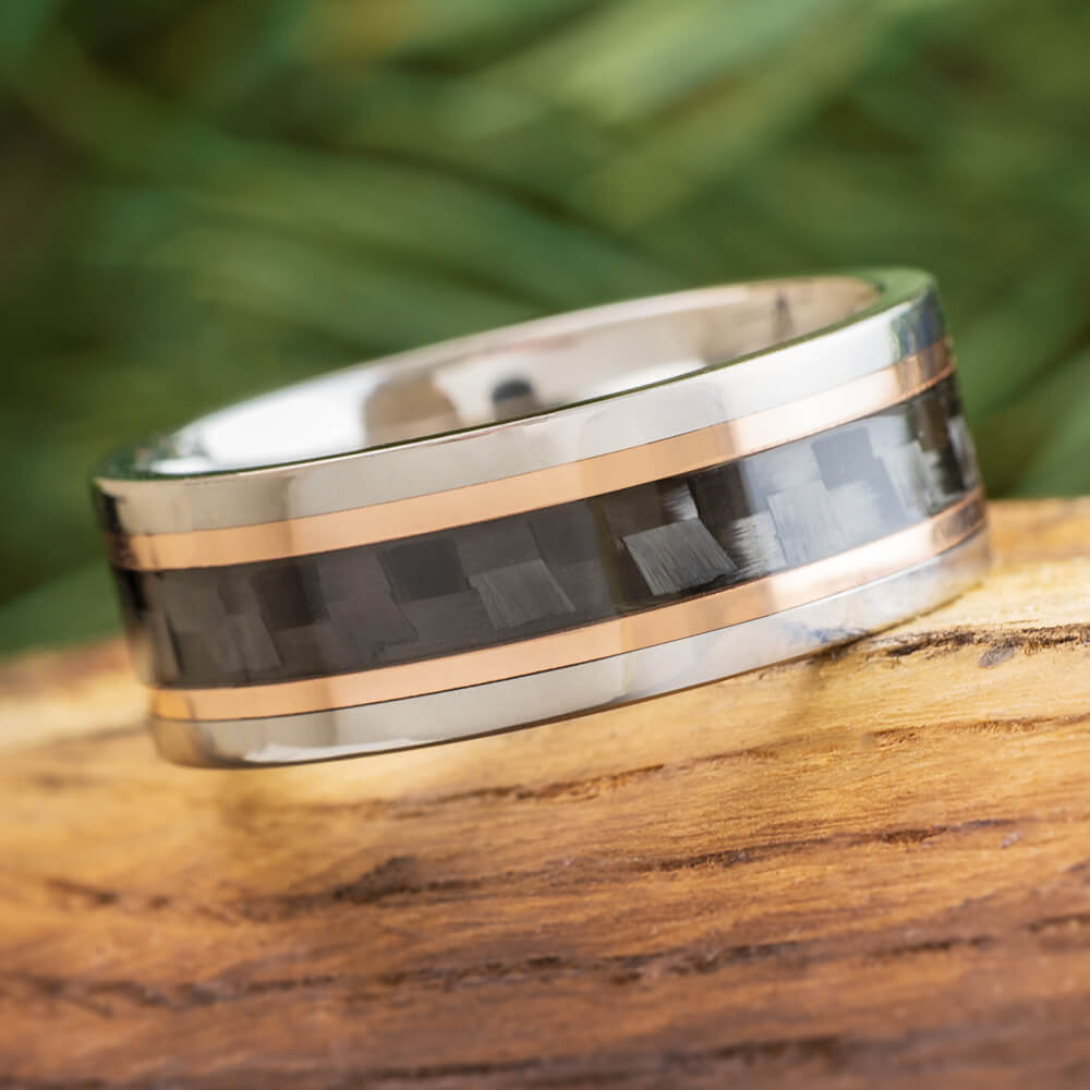 Carbon Fiber Wedding Band with Rose Gold Pinstripes