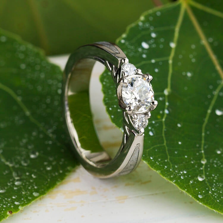 Three Stone Diamond Engagement Ring With Meteorite in Platinum-2669 - Jewelry by Johan