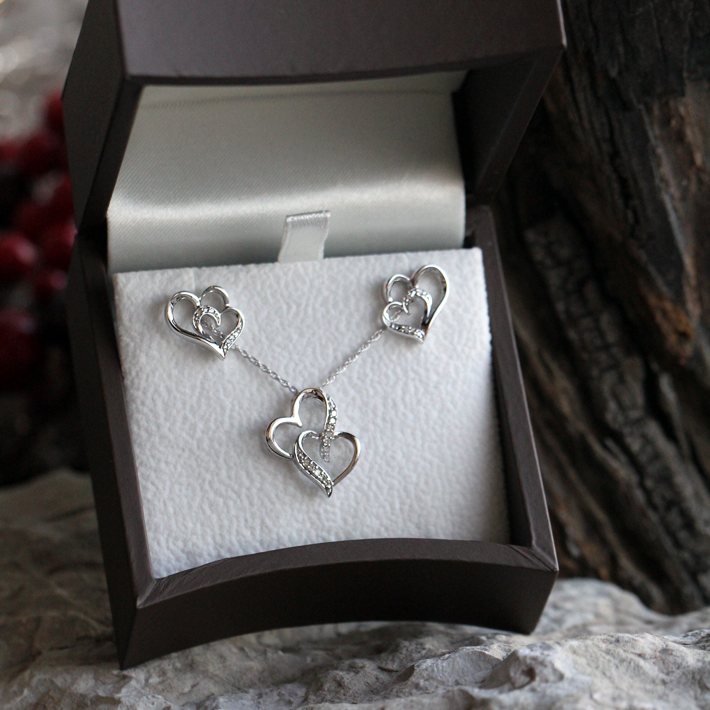 Sterling Silver Double Diamond Heart Gift Set Earring and Necklace-SHGS3000 - Jewelry by Johan