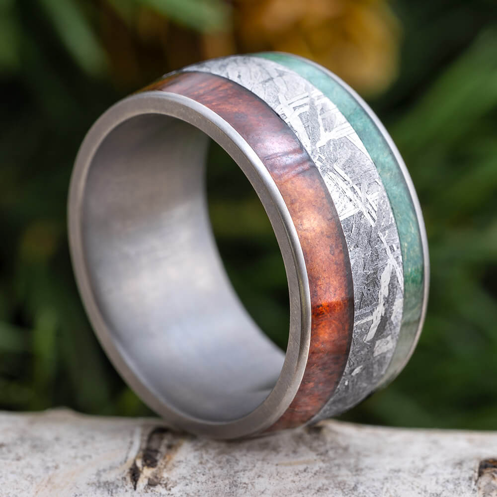 Meteorite Wedding Band Surrounded With Green Box Elder And Afzelia Wood-2354 - Jewelry by Johan
