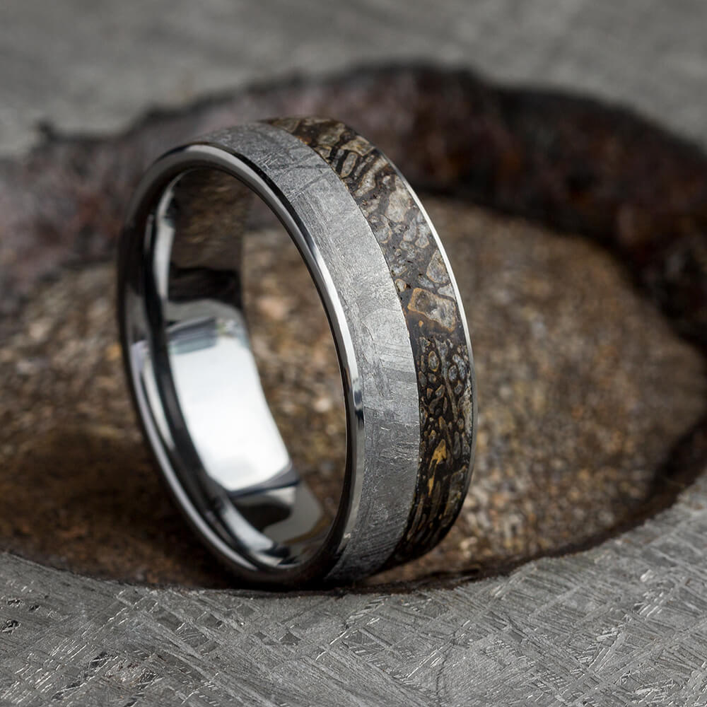 Tungsten Fossil Ring, Gibeon Meteorite Wedding Band With Dinosaur Bone-2605 - Jewelry by Johan