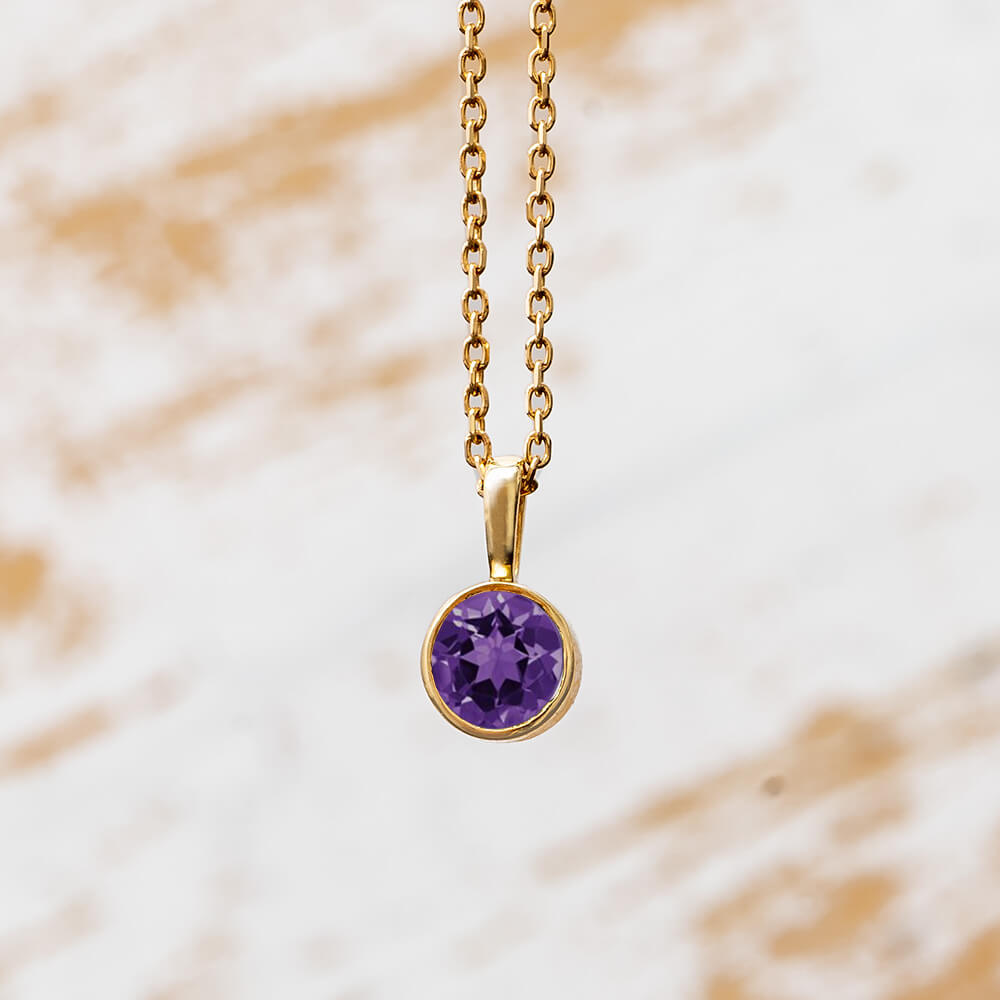 14k Yellow Gold Birthstone Necklace with Round Cut Amethyst