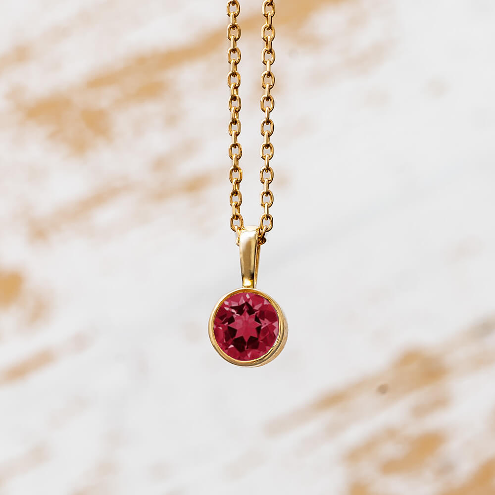 14k Yellow Gold Birthstone Necklace with Round Cut Ruby