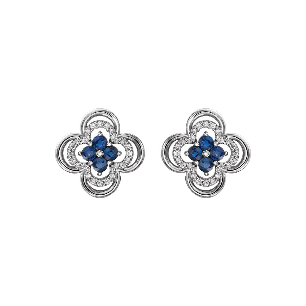 Natural Blue Sapphire & Natural Diamond Clover Stud Earrings