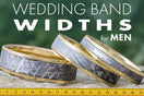 Three men's wedding bands of different widths on a measuring tape.