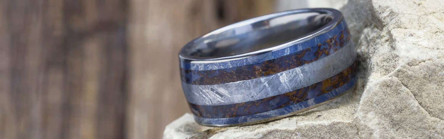 Mokume and Dinosaur Bone Ring with Meteorite