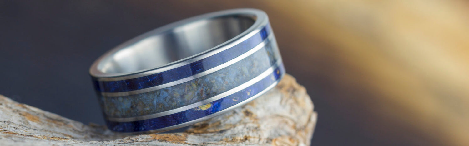 Titanium Dinosaur Bone Ring With Blue Wood