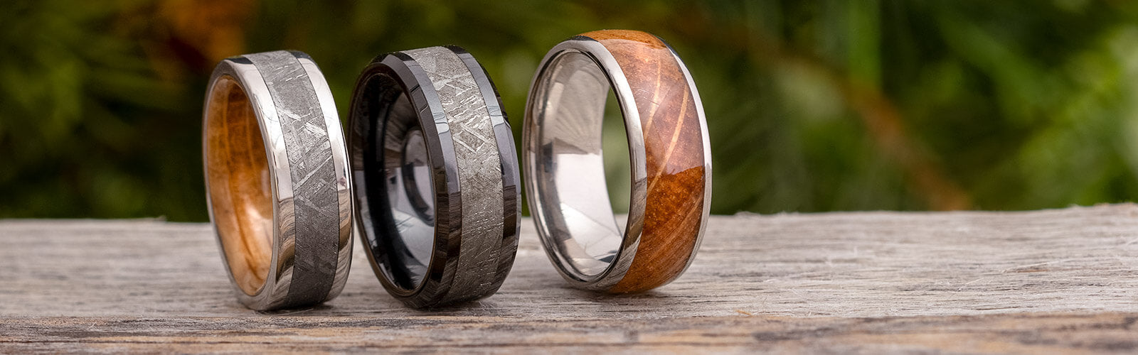 Unique men's wedding bands with meteorite and wood