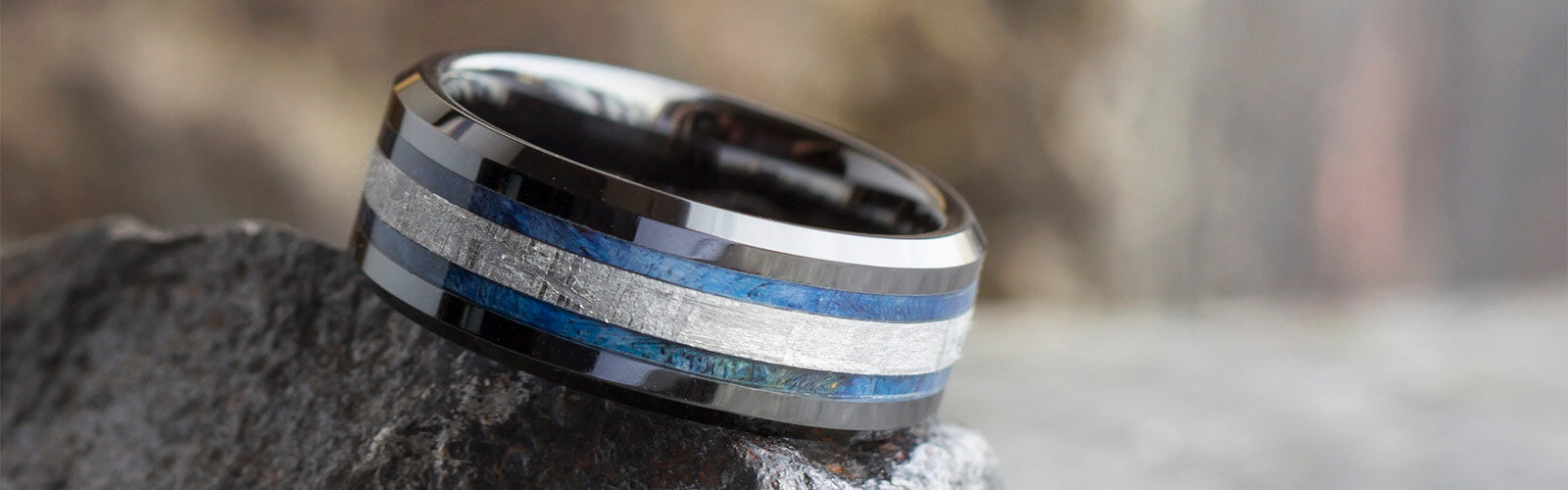 Black Ceramic Ring with Blue Wood Pinstripes