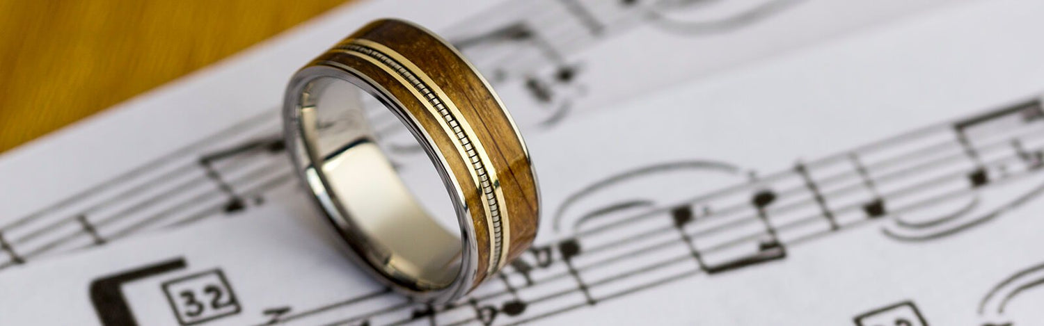 Rings for Musicians from String, Wood, Vinyl LP Inlays from Jewelry by Johan