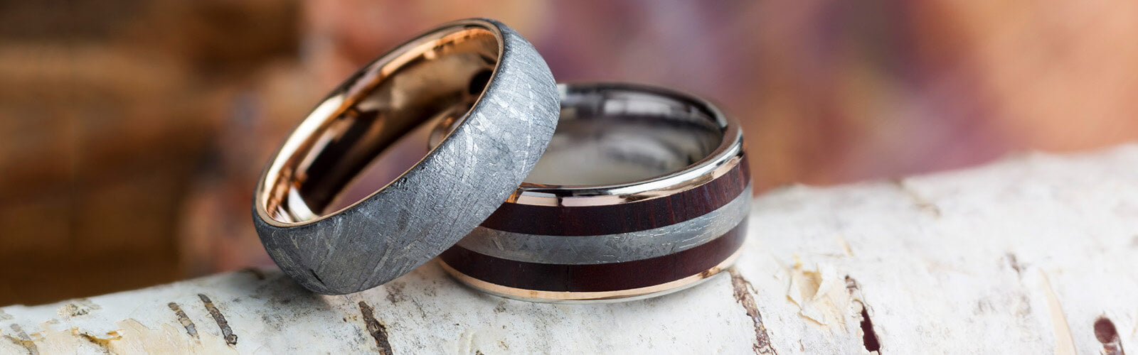 Rose Gold Wedding Bands with Meteorite and Wood