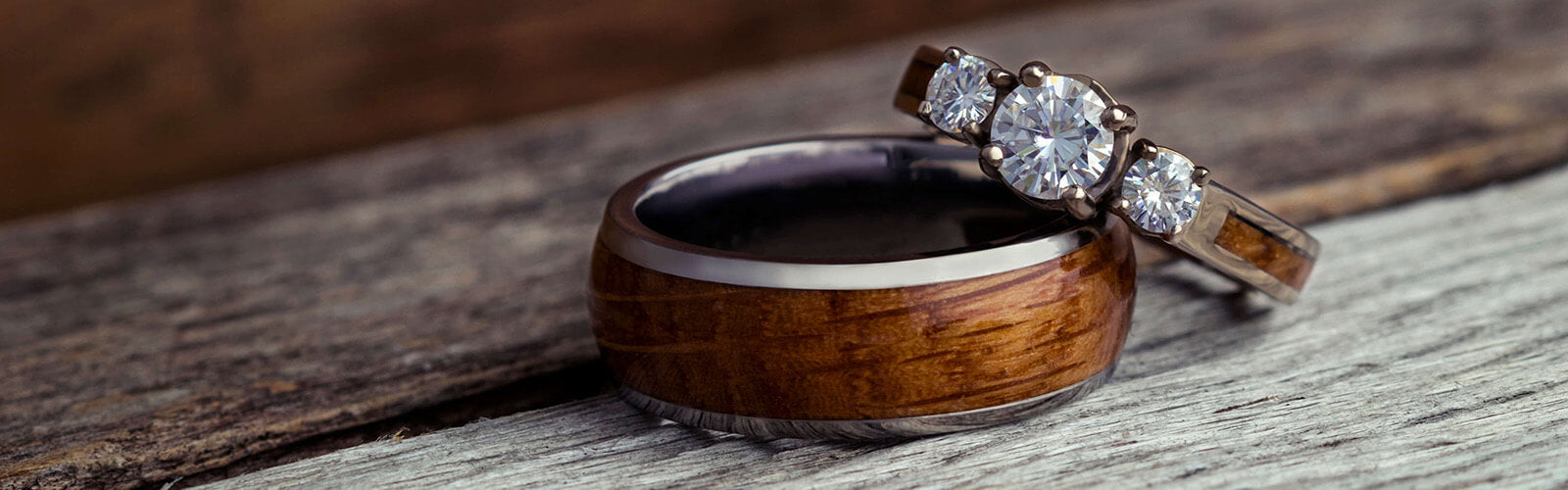 Whiskey Barrel Oak Wedding Ring Set