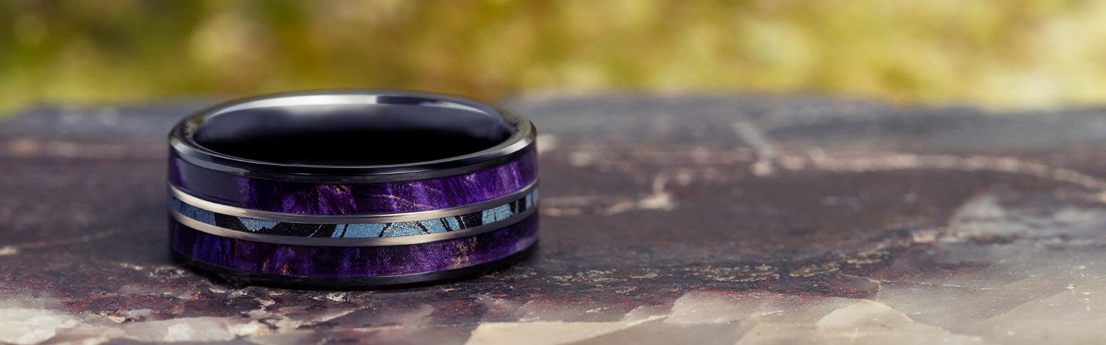 Black Ceramic Ring with Purple Wood and Mokume