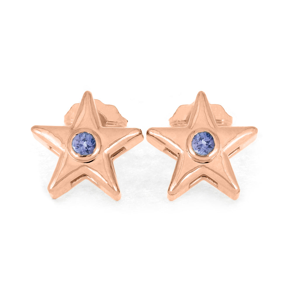 Rose gold star stud earrings with light purple birthstone