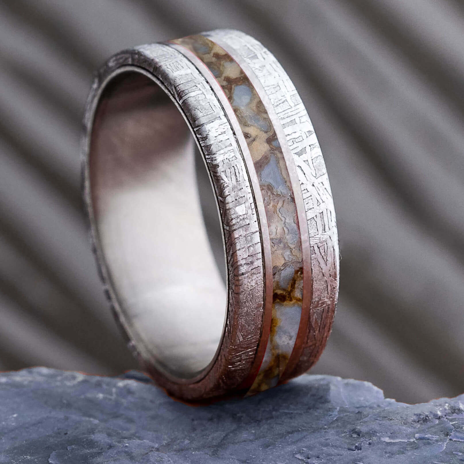 Meteorite Wedding Band with Dinosaur Bone Inlay