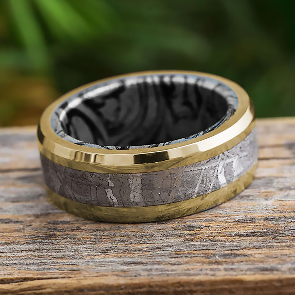 Unique Yellow Gold Ring With Meteorite & Mokume