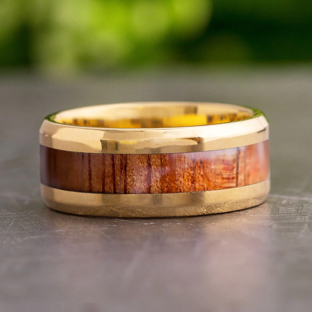 Solid Gold Ring With Beveled Edges and Wood Inlay