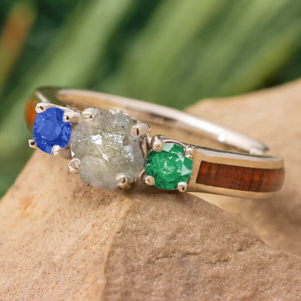 Unique Three Stone Ring With Rough Diamond
