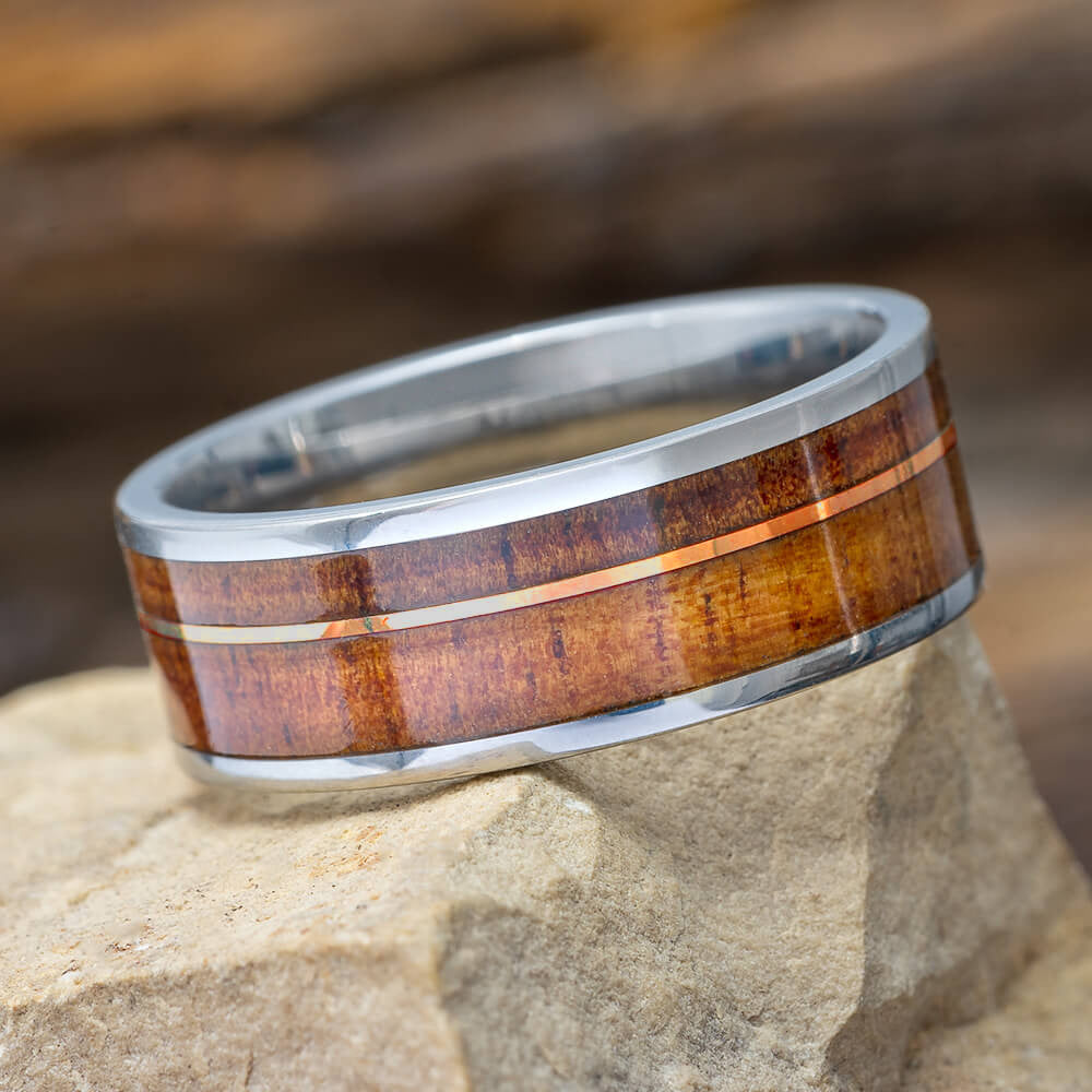 Natural Koa Wood Wedding Band with Polished Gold | Jewelry by Johan