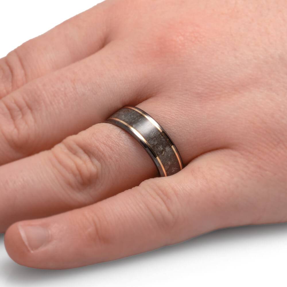 Black Ceramic Horse Hoof Ring with Gold Pinstripes worn on hand, displaying elegant fit and tribute design in pet memorial jewelry category.