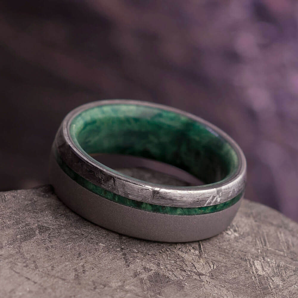 Meteorite and Green Wood Wedding Band for Men