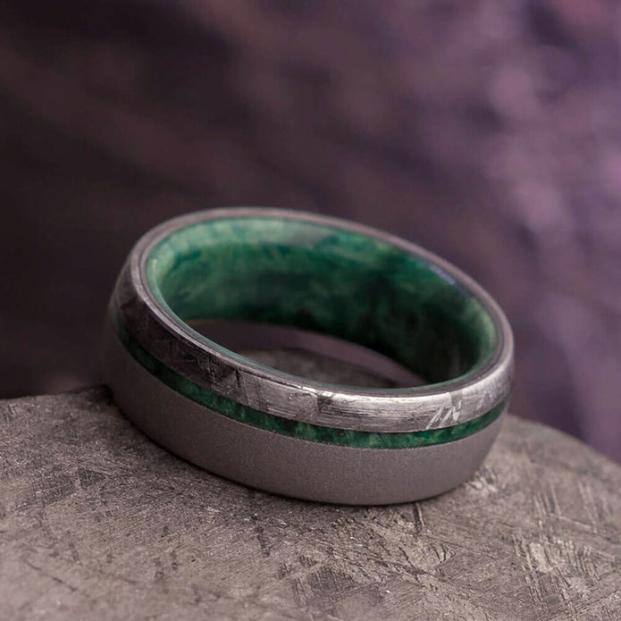 Meteorite and Green Wood Wedding Band for Men