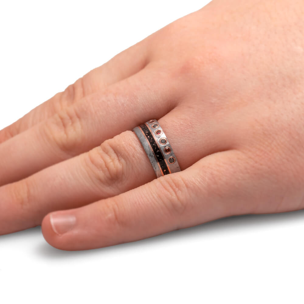 Men's Meteorite Ring with Gemstones On Hand