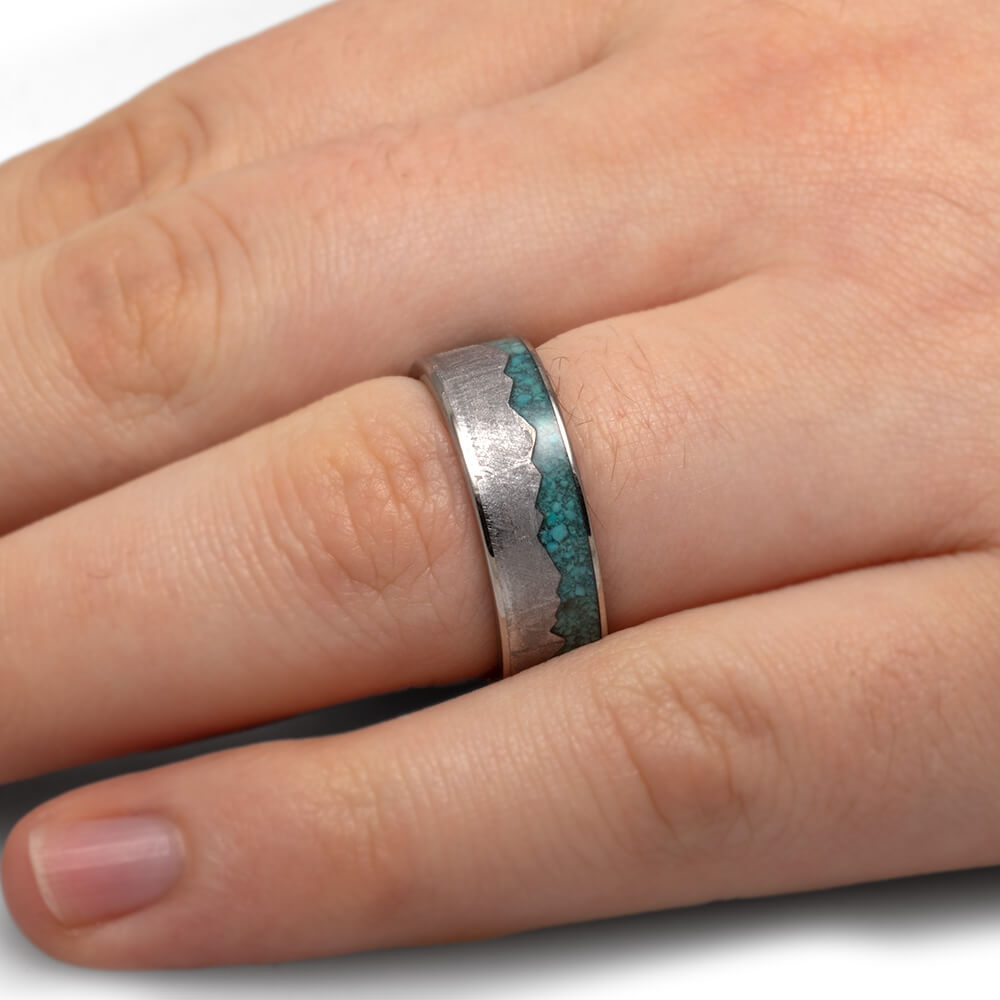 Mountain Wedding Band with Turquoise and Meteorite