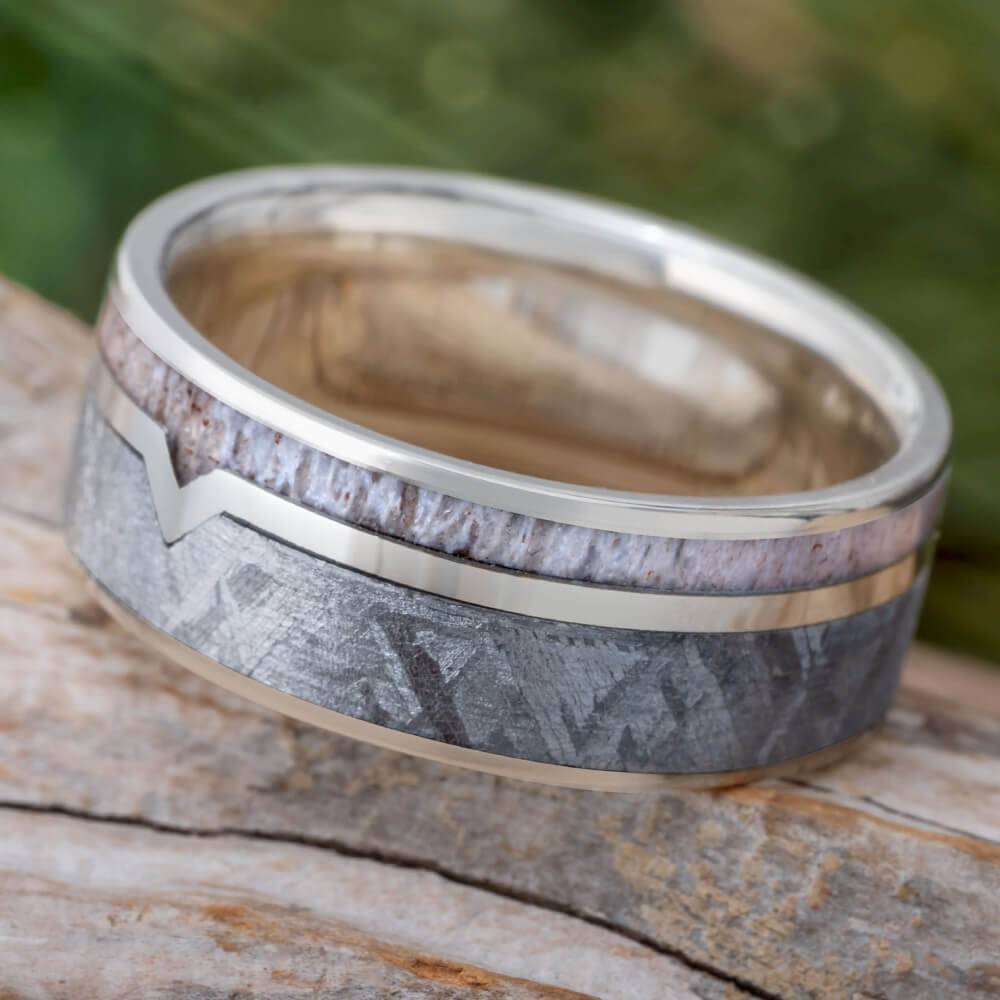 Meteorite and Antler Wedding Band for Men