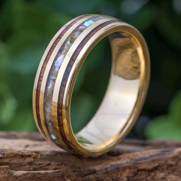 14K Two-Tone Gold Koa Wood Wave Ring 10