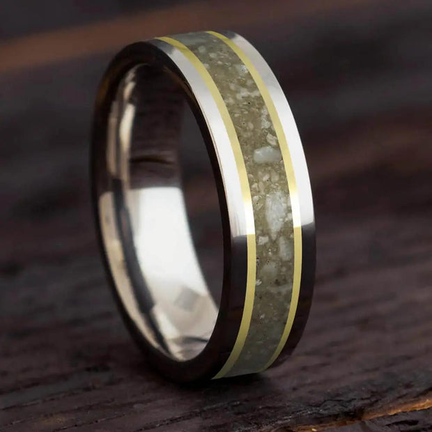 Tungsten ring with ashes and yellow gold pinstripes, 6mm wide, featuring a flat polished profile for memorial and customizable jewelry.