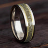 Tungsten ring with ashes and yellow gold pinstripes, 6mm wide, featuring a flat polished profile for memorial and customizable jewelry.