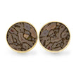 Round cuff links with gold rims and marbled stone design on a white background
