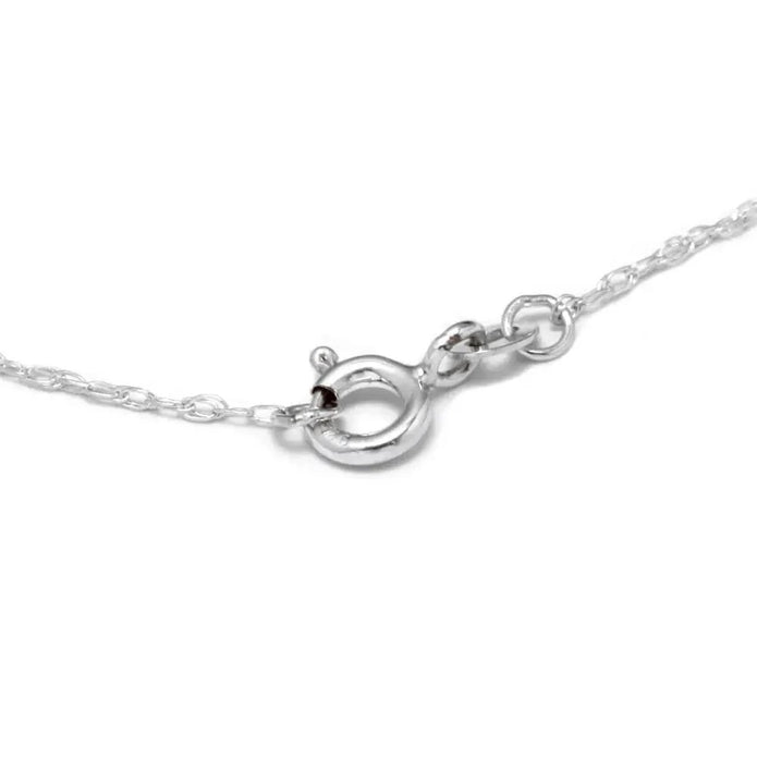 Close-up of a silver necklace clasp on a white background