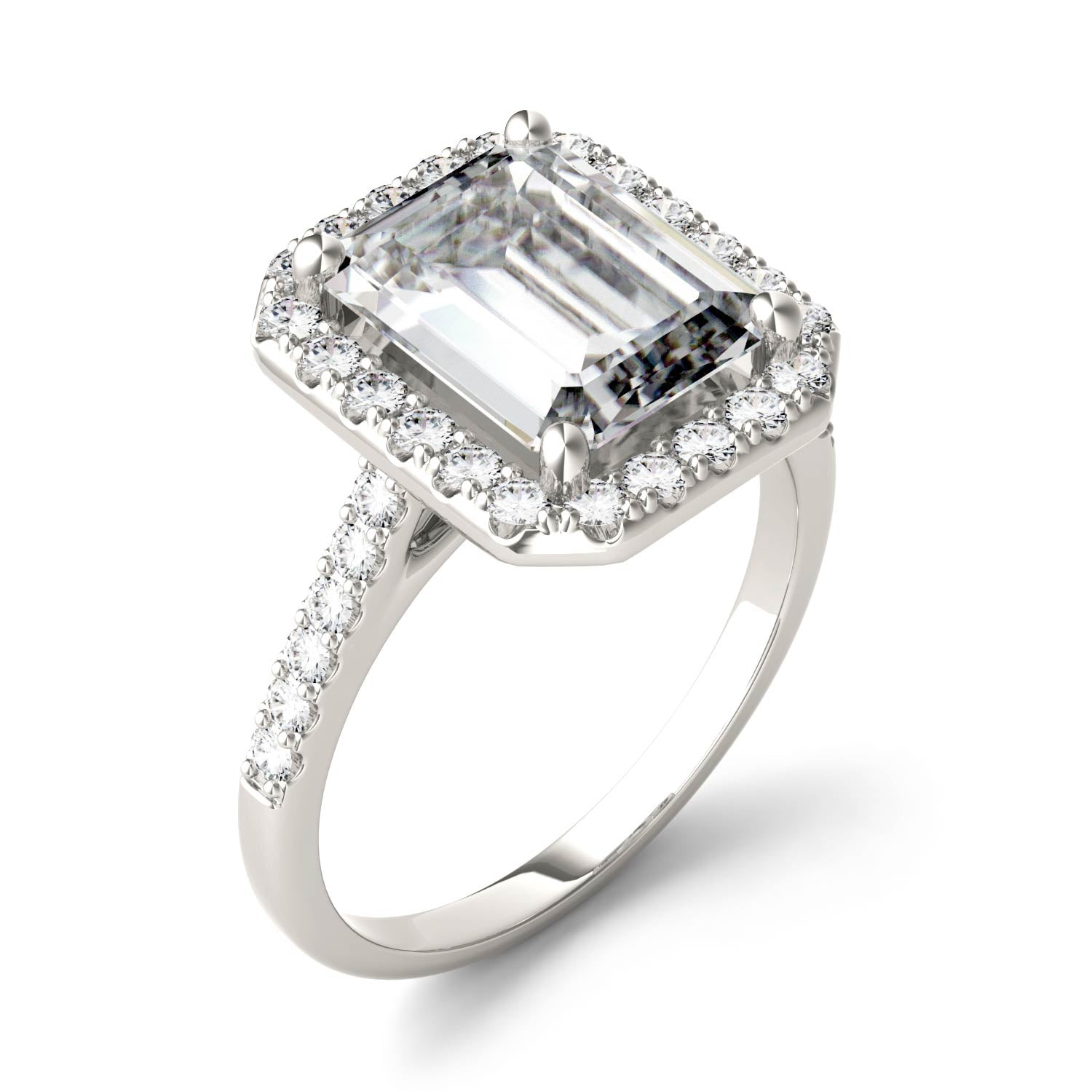 by Jewelry by Johan Charles & Colvard Emerald Cut Moissanite Halo Ring in White Gold 002158