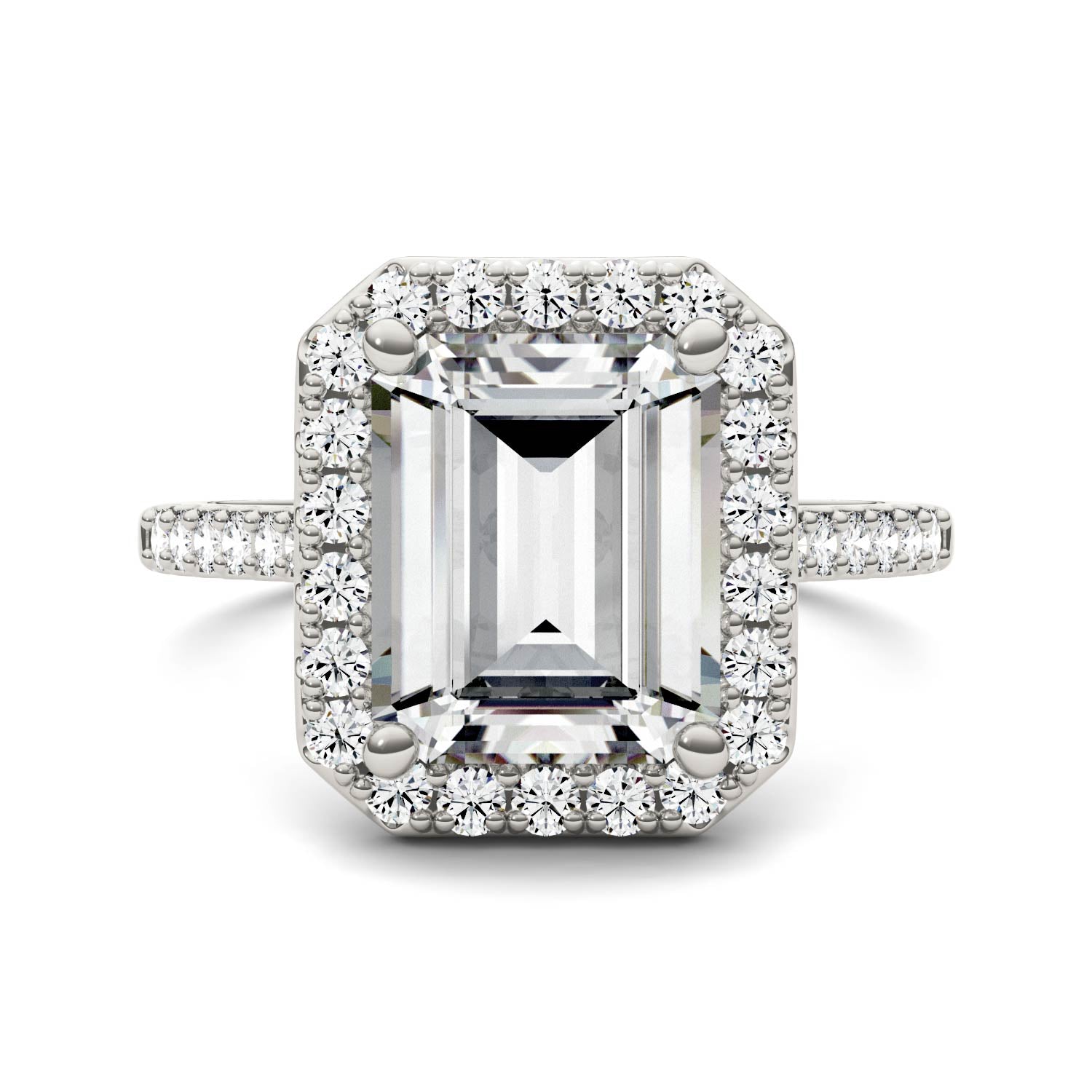 by Jewelry by Johan Charles & Colvard Emerald Cut Moissanite Halo Ring in White Gold 002160