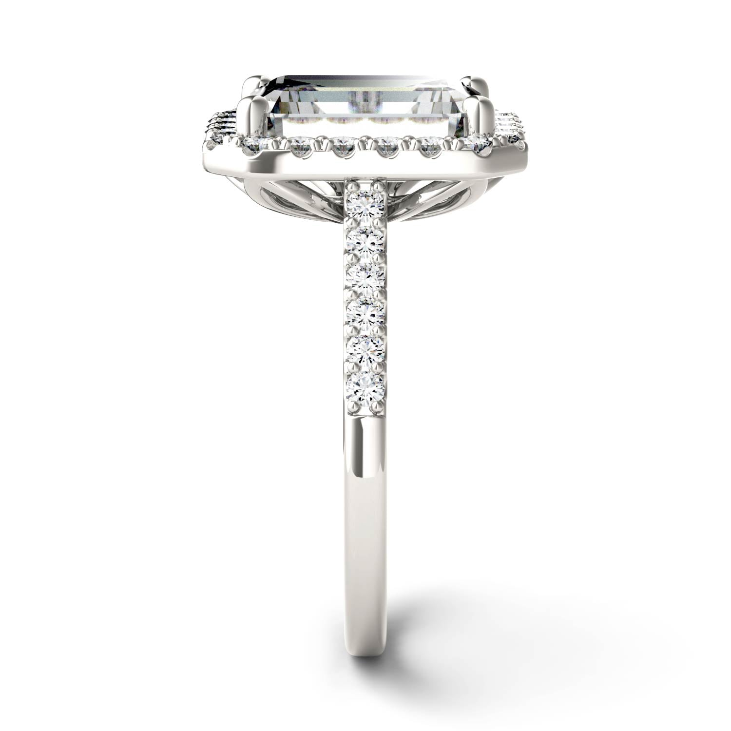 by Jewelry by Johan Charles & Colvard Emerald Cut Moissanite Halo Ring in White Gold 002161