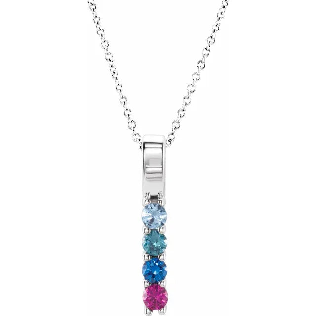 Necklace with a bar pendant featuring blue and pink gemstones on a white background