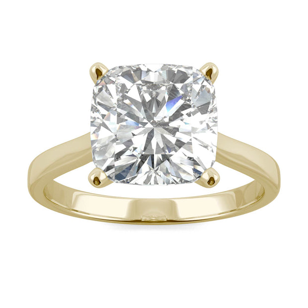 by Jewelry by Johan Yellow Gold Solitaire Ring with a Cushion Cut Charles & Colvard Moissanite 002199