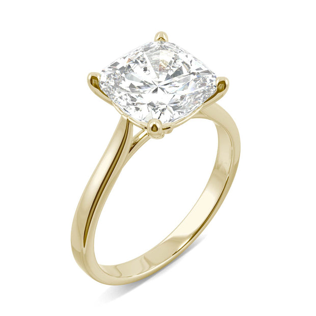 by Jewelry by Johan Yellow Gold Solitaire Ring with a Cushion Cut Charles & Colvard Moissanite 002198