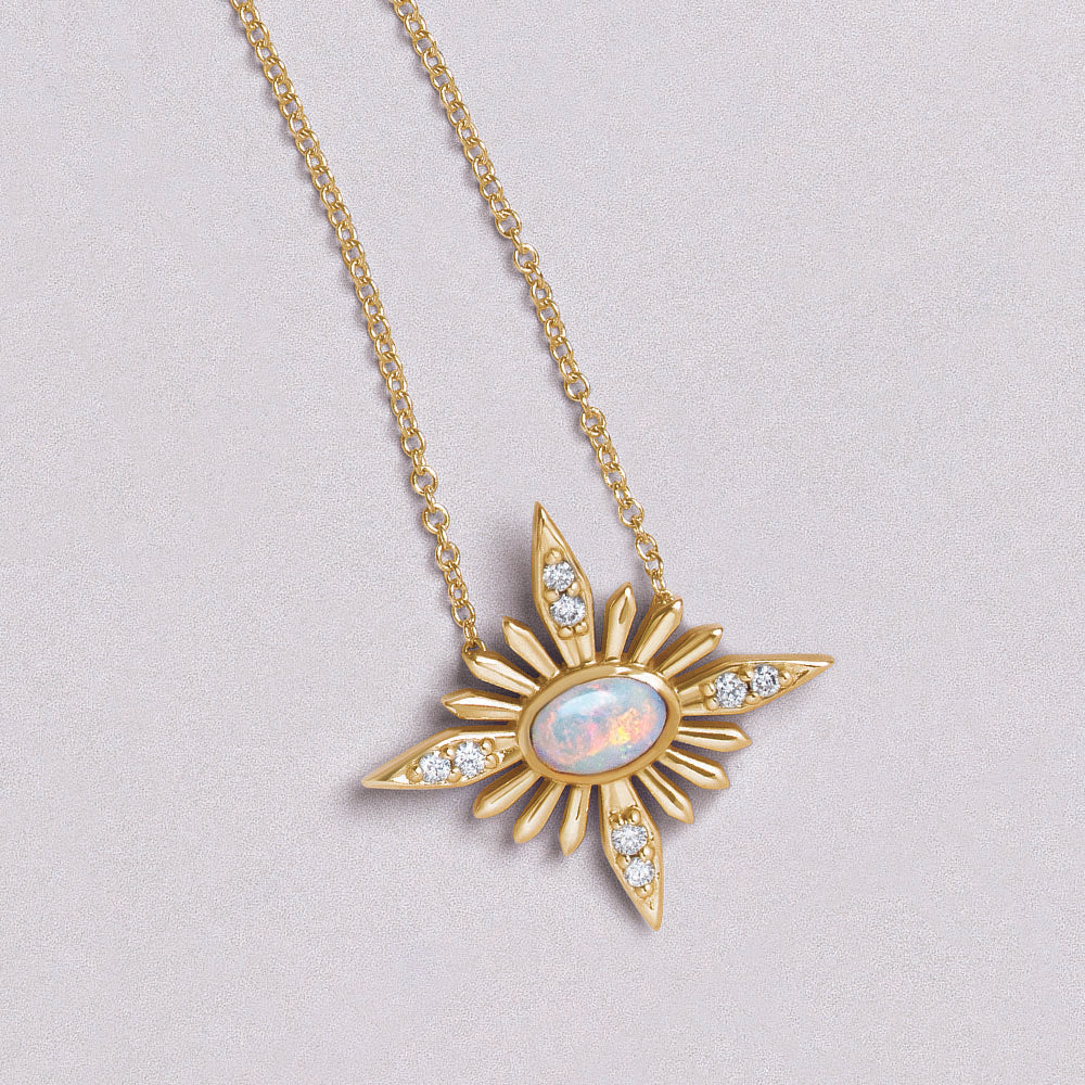 Opal and Diamond Starburst Necklace in Yellow Gold