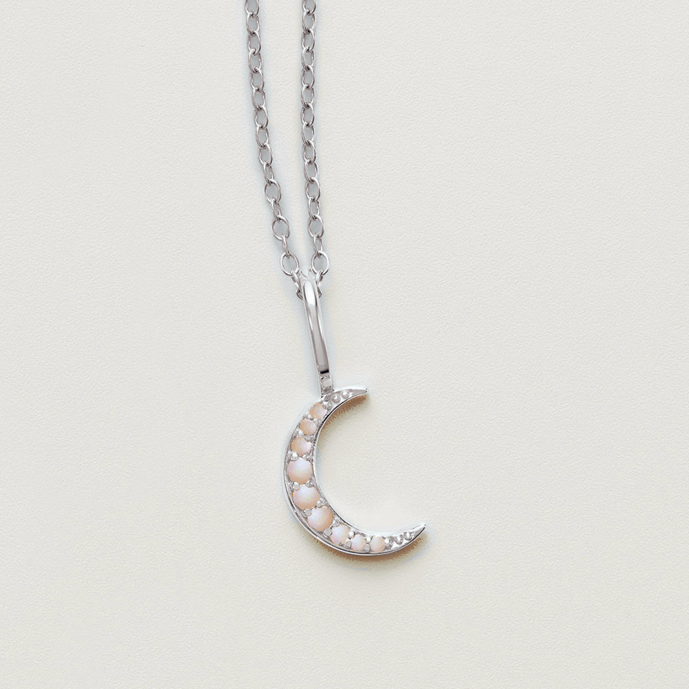 Natural White Opal Cabochon Crescent Moon Necklace