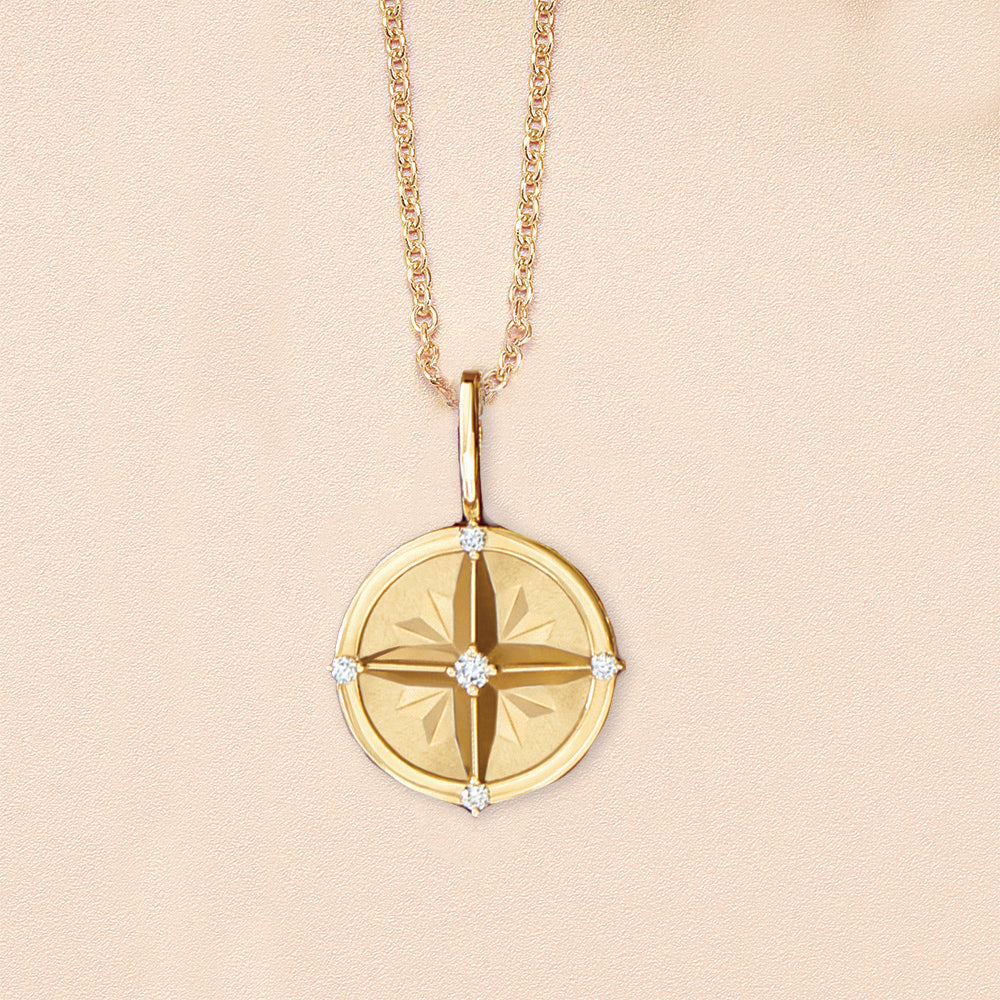 Solid gold and diamond Compass Necklace