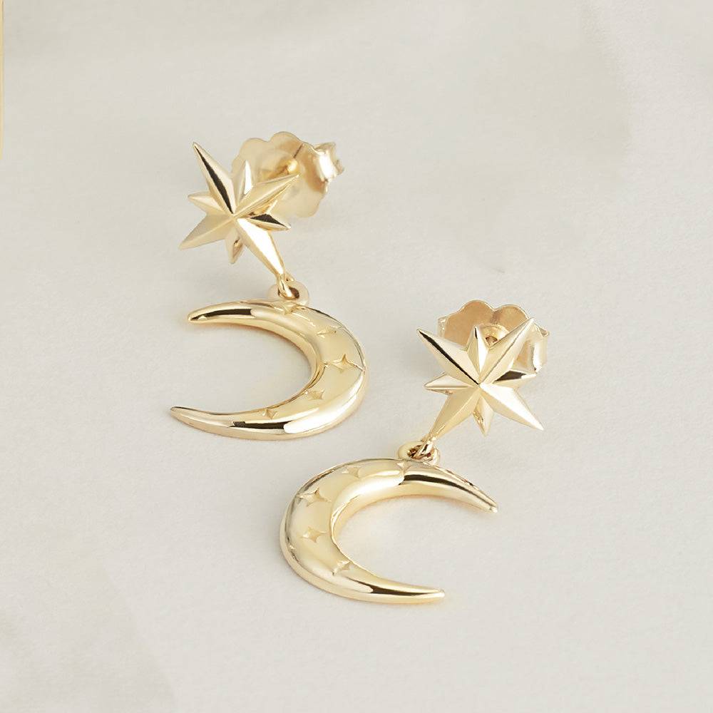 Yellow Gold Moon & Star Dangles
