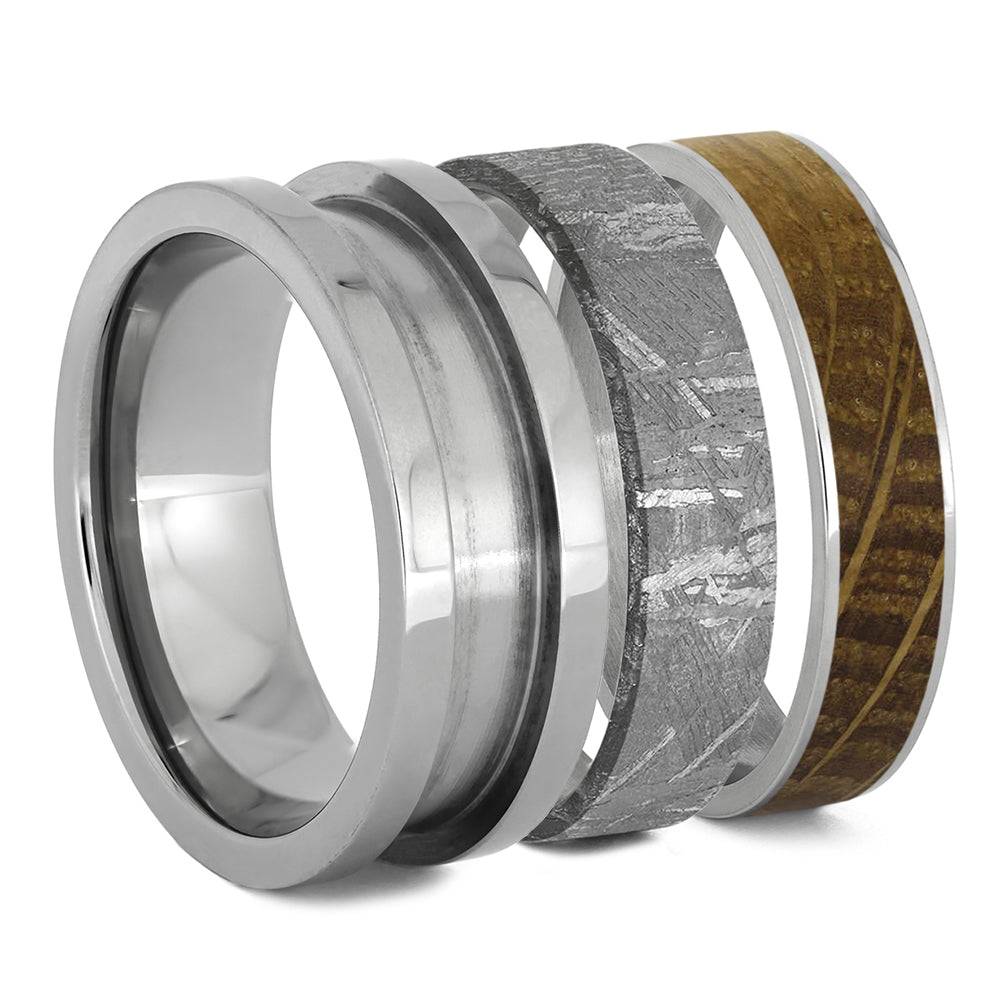 Modular ring components with whiskey oak and meteorite inlays