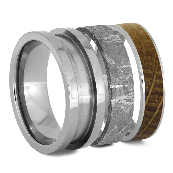 Modular ring components with whiskey oak and meteorite inlays